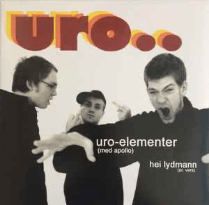 Cover til uro-elementer. De tre bandmedlemmene i sort-hvit med rød tekst der det står "uro..".