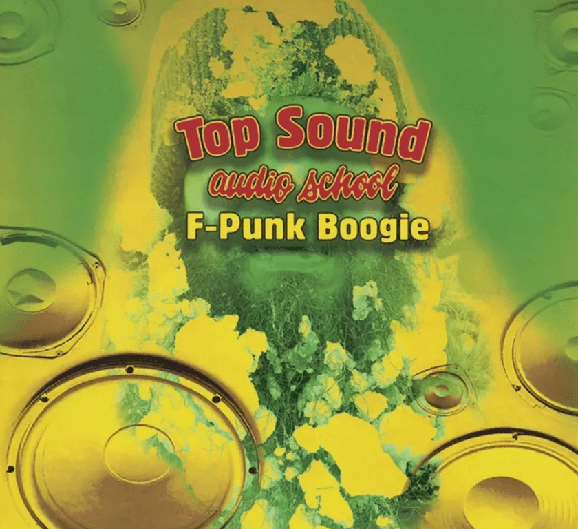 Cover. Grønt og gult med bilde av høyttalere og en person.